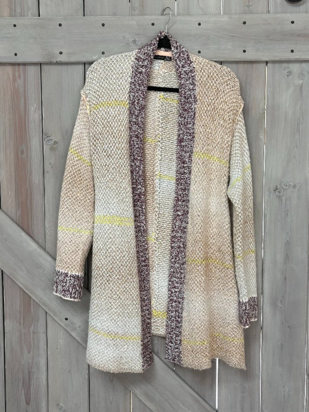 Knit cardigan, patchwork,  soft colors, Black tape size M medium